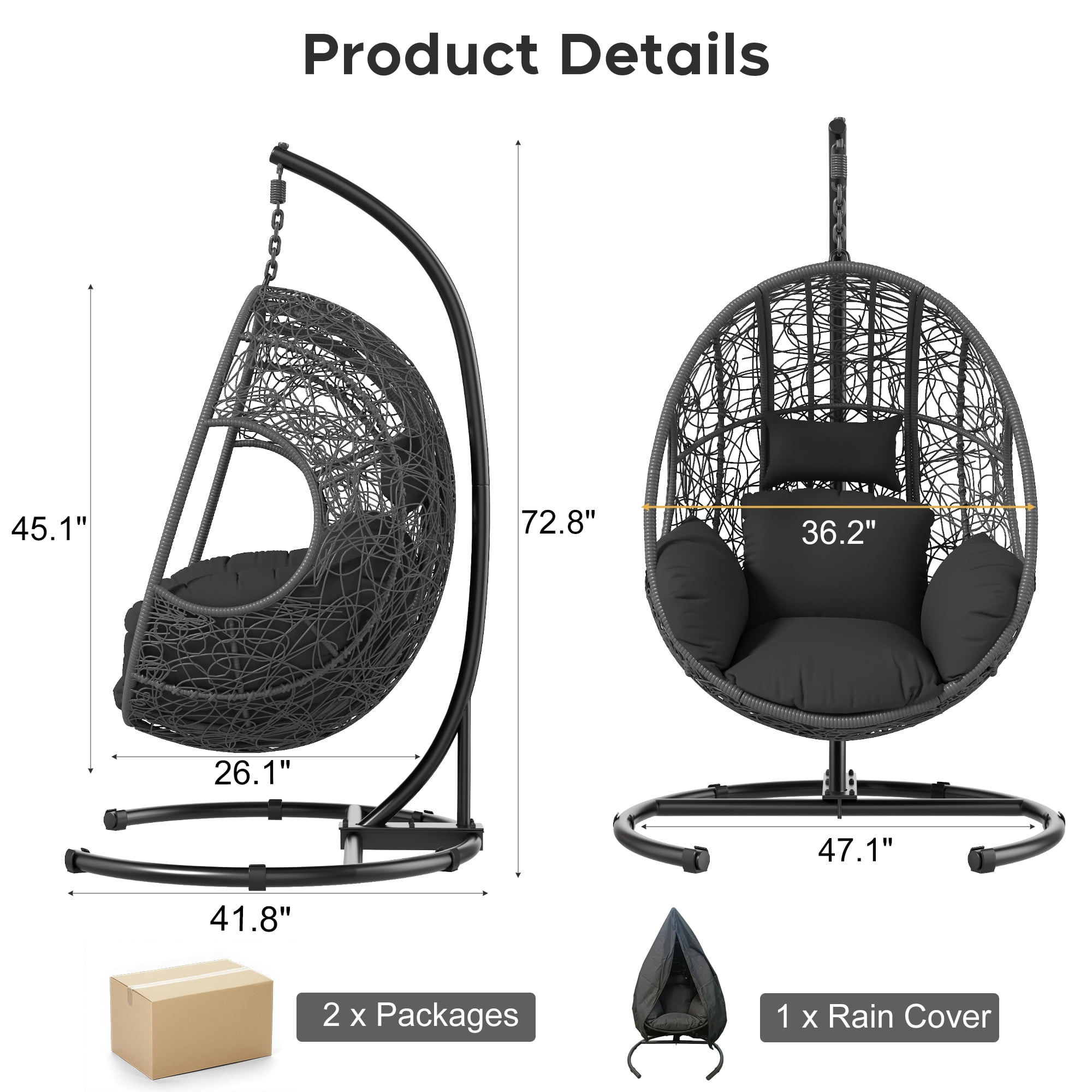 avobird 42" Wide U-Base Hanging Egg Chair, Patio Swing with 8-Inch Cushion Weatherproof PE Rattan & Waterproof Cover, Suitable for use in outdoor gardens and on balconies, Gray
