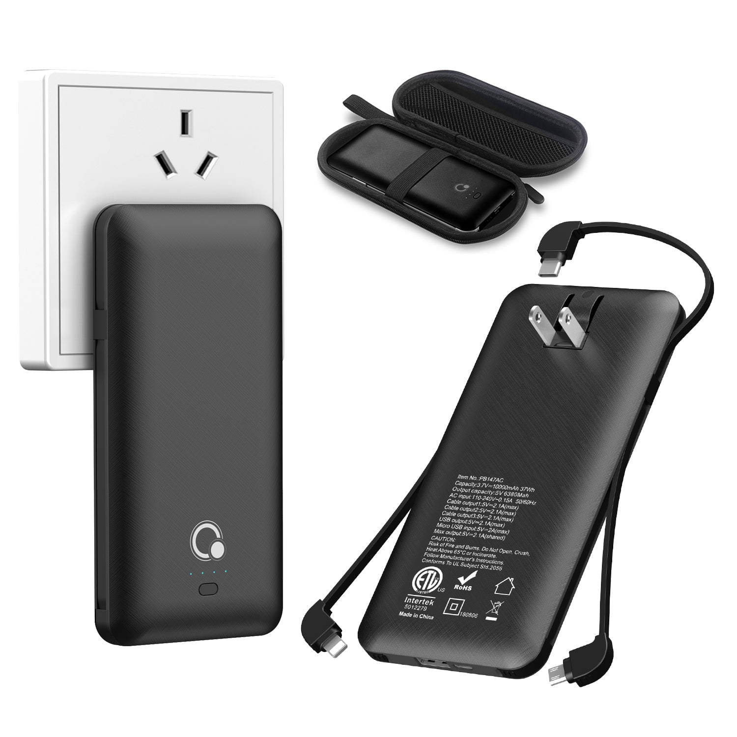 Q 10000mAh Power Bank,Slim Portable Charger,4 Output External Battery Pack with Built-in AC Wall Plug Micro USB C 3 Cables Compatible with iPhone Samsung Android Phone Tablet etc.