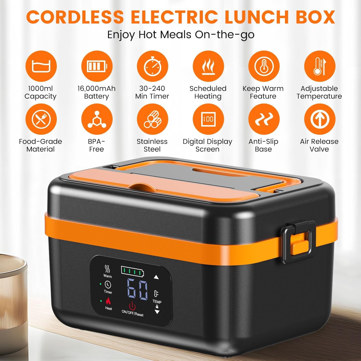 Cordless Electric Lunch Box for Adults, Rechargeable Self-Heating Lunch Box Food Warmer with Timer&Adjustable Heating,34oz/1L Stainless Container with Insulated Bag for Office,Picnic,Car&Outdoor Use