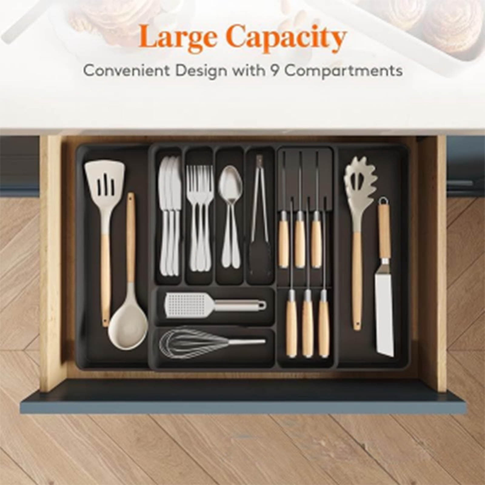 Expandable Utensil Tray, Adjustable Kitchen Drawer Organizer, Cutlery Storage Rack with Removable Dividers, Plastic Drawer Organizer for Knives Forks Spoons Kitchen Utensil Organization