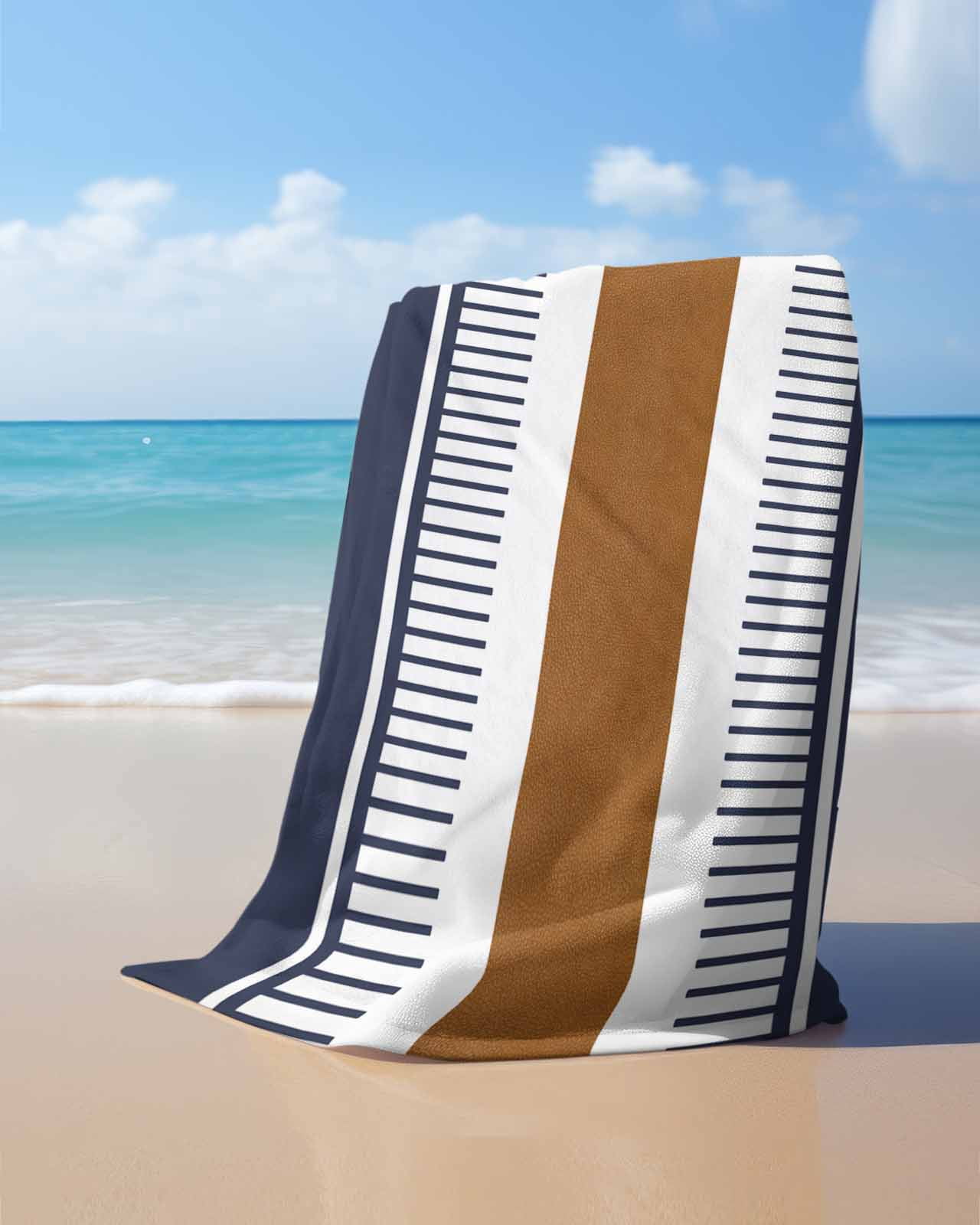 Modern Brown Blue Beach Towels Oversized Super Absorbent, Boho Contemporary Geometric Striped Lightweight Bath Towel Quick Dry Sets For Bathroom/Pool/Rv Camping/Beach Play/Gym Room/Picnic 31"x62"
