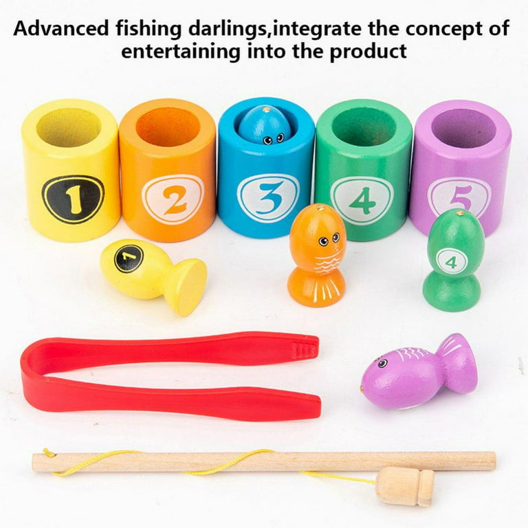 Montessori Toys for Toddlers Wooden Fishing Game Fine Motor Skill Learning Magnet Fishing Pole Clamp Chopsticks Preschool Math Education Gift for Kids