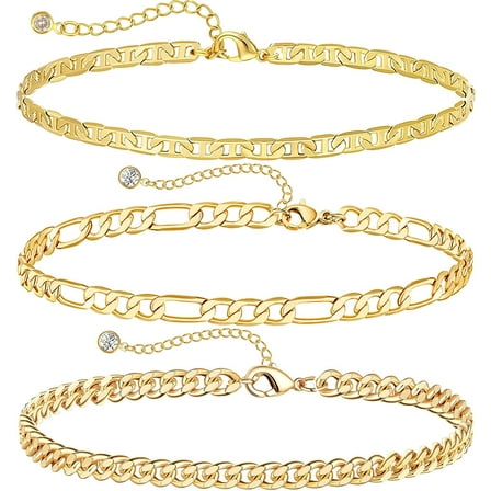 Cuke Gold Cuban Link Layered Anklet Bracelets for Women, 14K Gold Anklets Set