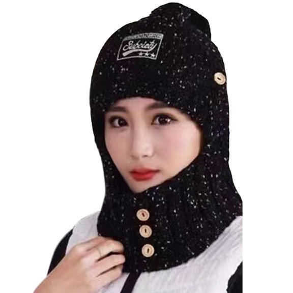 Pnellth Winter Women Hat Letter Labeling Ears Protection Solid Color Stretch Plush Ball Buttons Decoration Scarf Beanie Hat Daily Wear