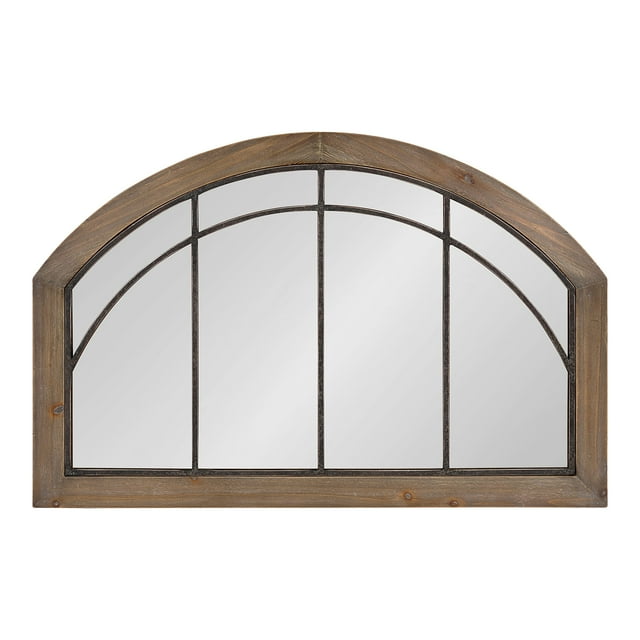Kate and Laurel Haldron Traditional Wood Arch Mirror, 24" x 36", Rustic Brown, Shabby-Chic Rustic Windowpane Mirror with Decorative Metal Fretwork