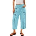 thumbnail image 2 of ZHYou No Boundarie Womens Wide Leg Capri Pants High Waisted Drawstring Elastic Waist with Pockets Contrast Stripe Loose Fit Casual Summer Cropped Trousers Light Blue Size XL, 2 of 8