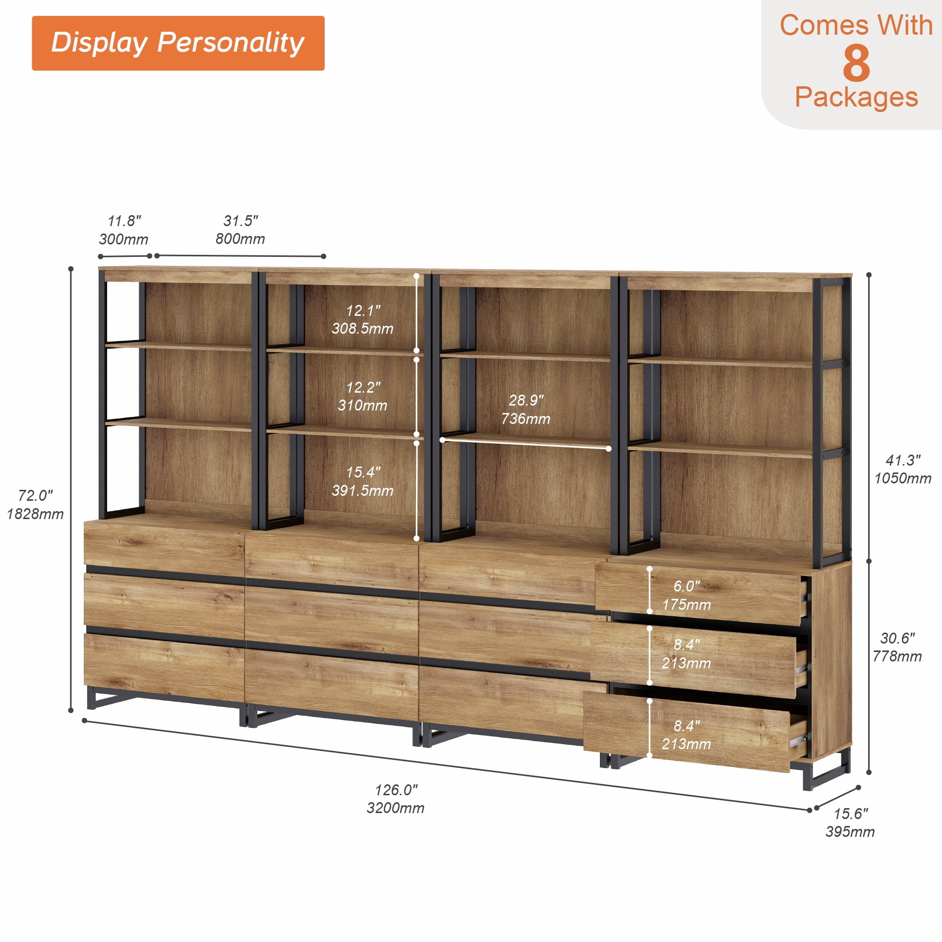 WAMPAT 4-Piece Modern 72" Tall Freestanding Bookcase，12 Drawers, Open Shelves & Storage Cabinet with Metal Base，Wood Library Bookshelf for Home Office & Living Room