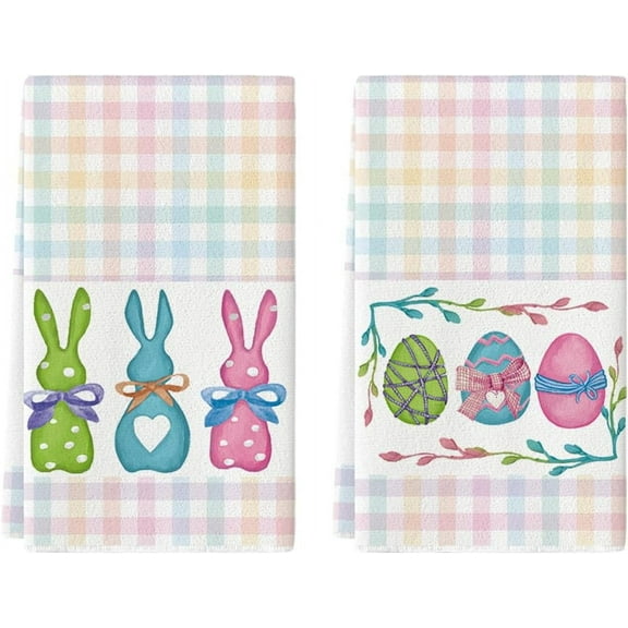 pogooe Colorful Stripe Rabbit Bunny Eggs Easter Kitchen Towels Dish Towels, 18x26 Inch Spring Decoration Hand Towels Set of 2