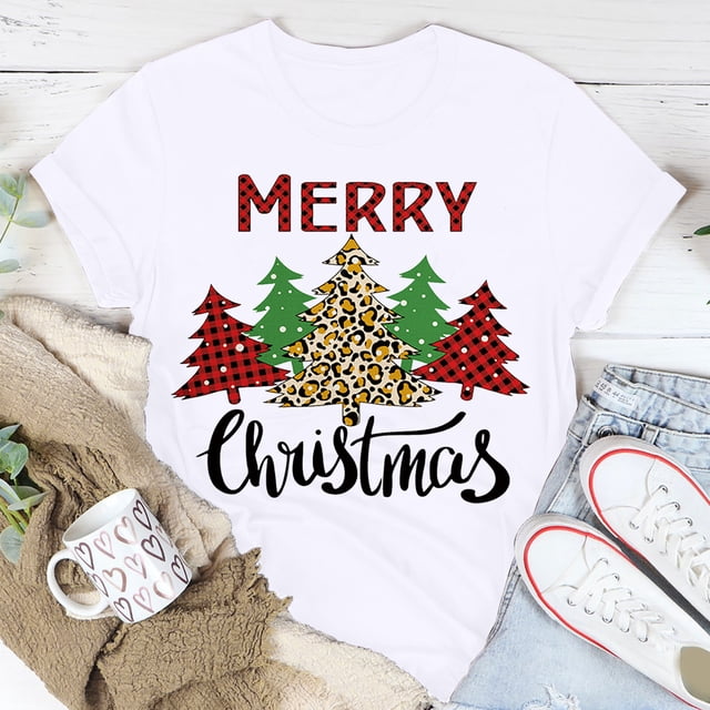 Pntutb Mujer Casual Cuello Redondo Manga Corta Árbol De Navidad Impreso Camiseta Top Pntutb Pntutb-4328