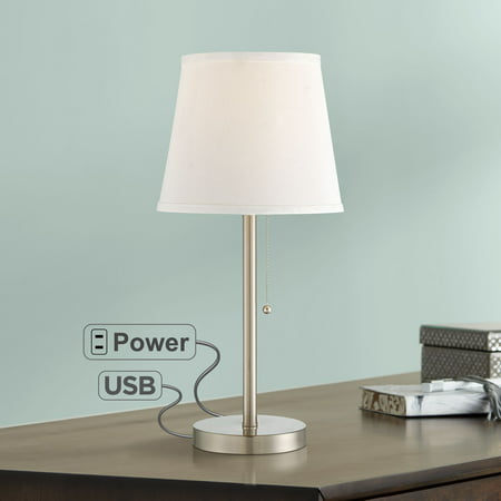 360 Lighting Modern Accent Table Lamp with Hotel Style USB and AC Power Outlet in Base Brushed Steel White Empire Shade for Living Room