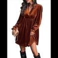 thumbnail image 1 of Vestido Elegante Retro Corto Holgado con Escote en V y Larga de Terciopelo de Color Liso para Mujer, Ropa de Moda para Otoño e Invierno. Naranja M, 1 of 9