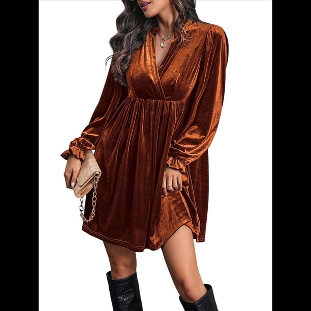 Vestido Elegante Retro Corto Holgado con Escote en V y Larga de Terciopelo de Color Liso para Mujer, Ropa de Moda para Otoño e Invierno. Naranja XL