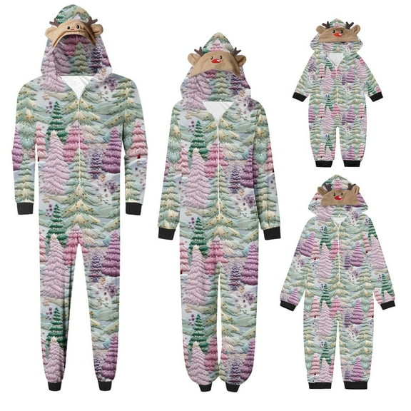Lovskoo 2024 Family Christmas Pajamas Matching Sets Onesie Deer Hooded Parent-Child Suit Printed Home Wear Pajamas Jumpsuit Wear Mom Purple