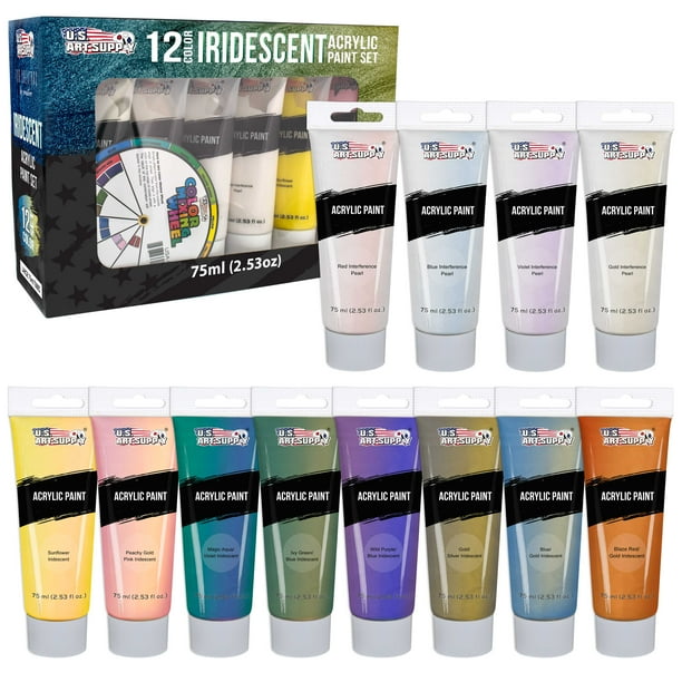 U.S. Art Supply Professional 12 Color Set of Iridescent Acrylic Paint, Large 75ml Tubes