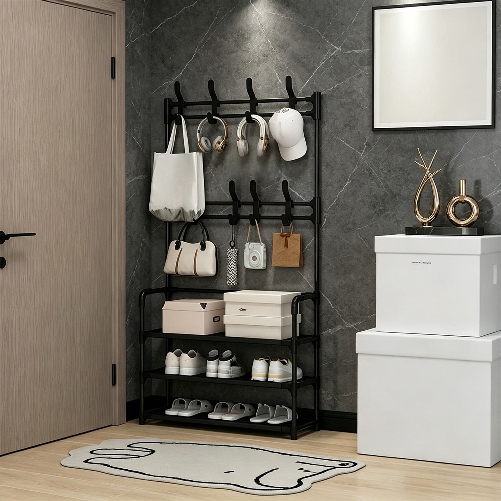 Shoe Rack 3 Tier Shoe Organizer Storage,Shoes Rack for Closet Entrance Shoe Rack Organizer with Hooks and Side Pocket Entryway Shoe Holder Space Saving Free Standing Shoe Racks