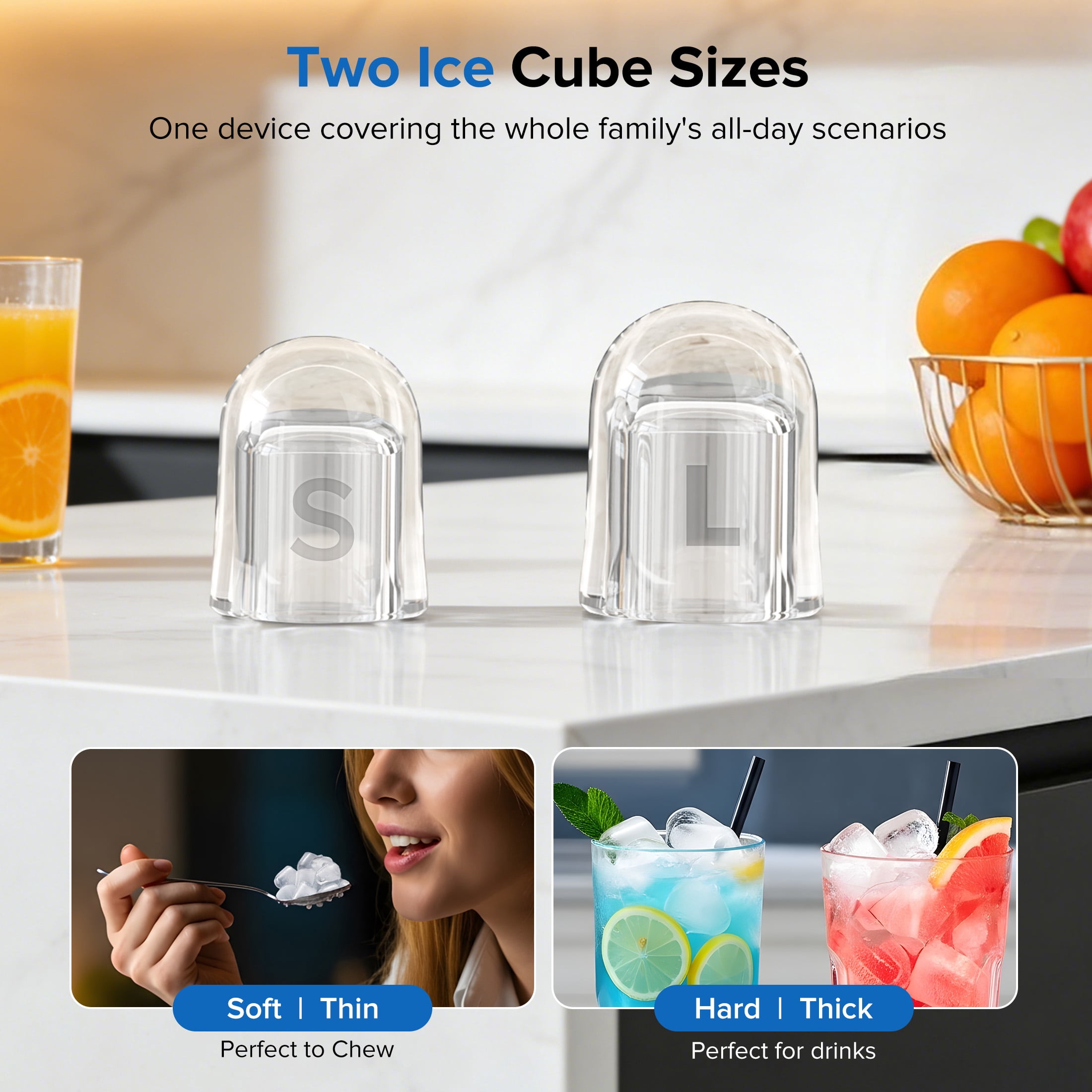 Auseo Countertop Ice Maker, 2 Sizes of Bullet Ice, 26Lbs/24H, 8 Ice Cubes in 6 Mins, Portable Ice Machine with Self-Cleaning for Home/Party/Travel/Camping (White)
