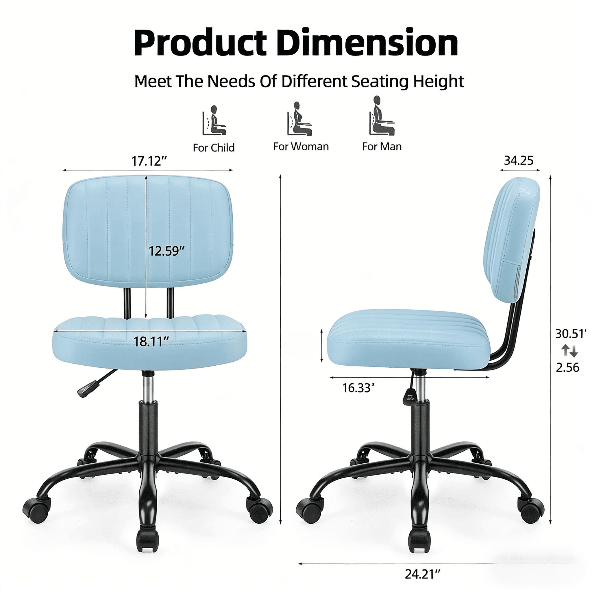 CONCETTA Ergonomic Home Office PU Leather Desk Chair, Small Space, Armless Rolling Chair for Adults, Blue