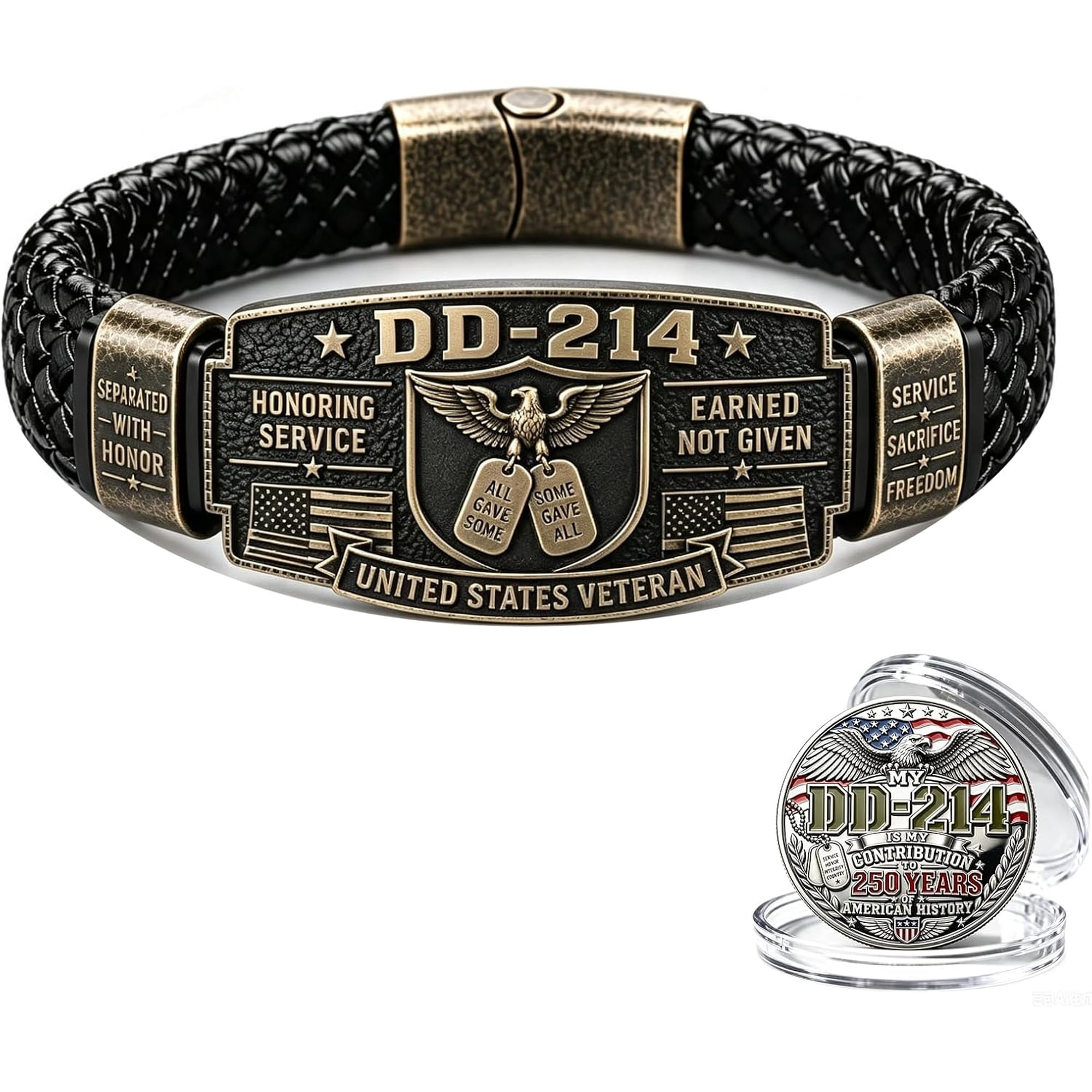 DD-214 Veteran Honor Bracelet, Handmade by Veteran | Earned Not Given Braided Bangle, Military Memorial Tribute Wristband with USA Flag & Eagle, Gift for Retired Service Members