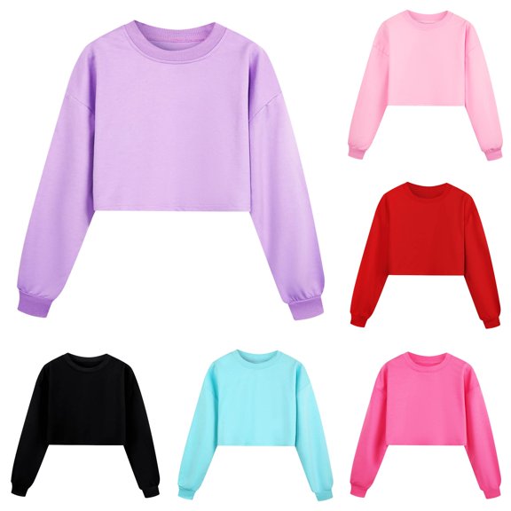 RMGVDSD Girls Long Sleeve Solid Color Cropped Sweatshirt Pullover Tops Loose Fit Crewneck Sweatshirts Trendy Casual Fall Winter Clothes Trendy Sweatshirt 7-8 Years