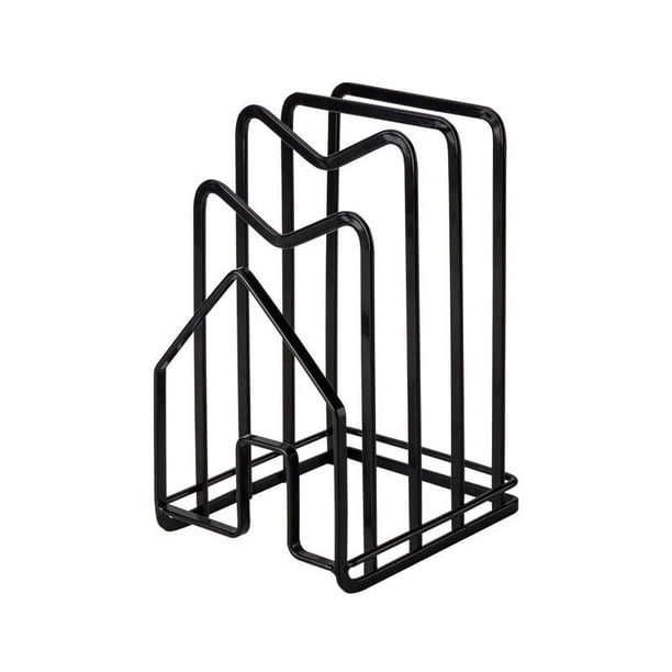 Estante para tablas de cortar para espacios pequeños, soporte para almacenar utensilios de cocina, organizador de tapas de ollas y sartenes de acero inoxidable para encimera de cocina (negro, diseño