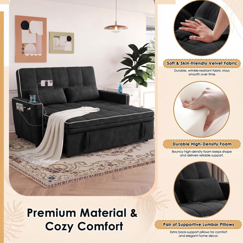 Anpport 54" 3‑in‑1 Convertible Sleeper Sofa Bed, Loveseat with White Trim, USB Charging Port, Phone Stand, 2 Cup Holders and 2 Pillows for Living Room, Bedroom and Apartment, Black