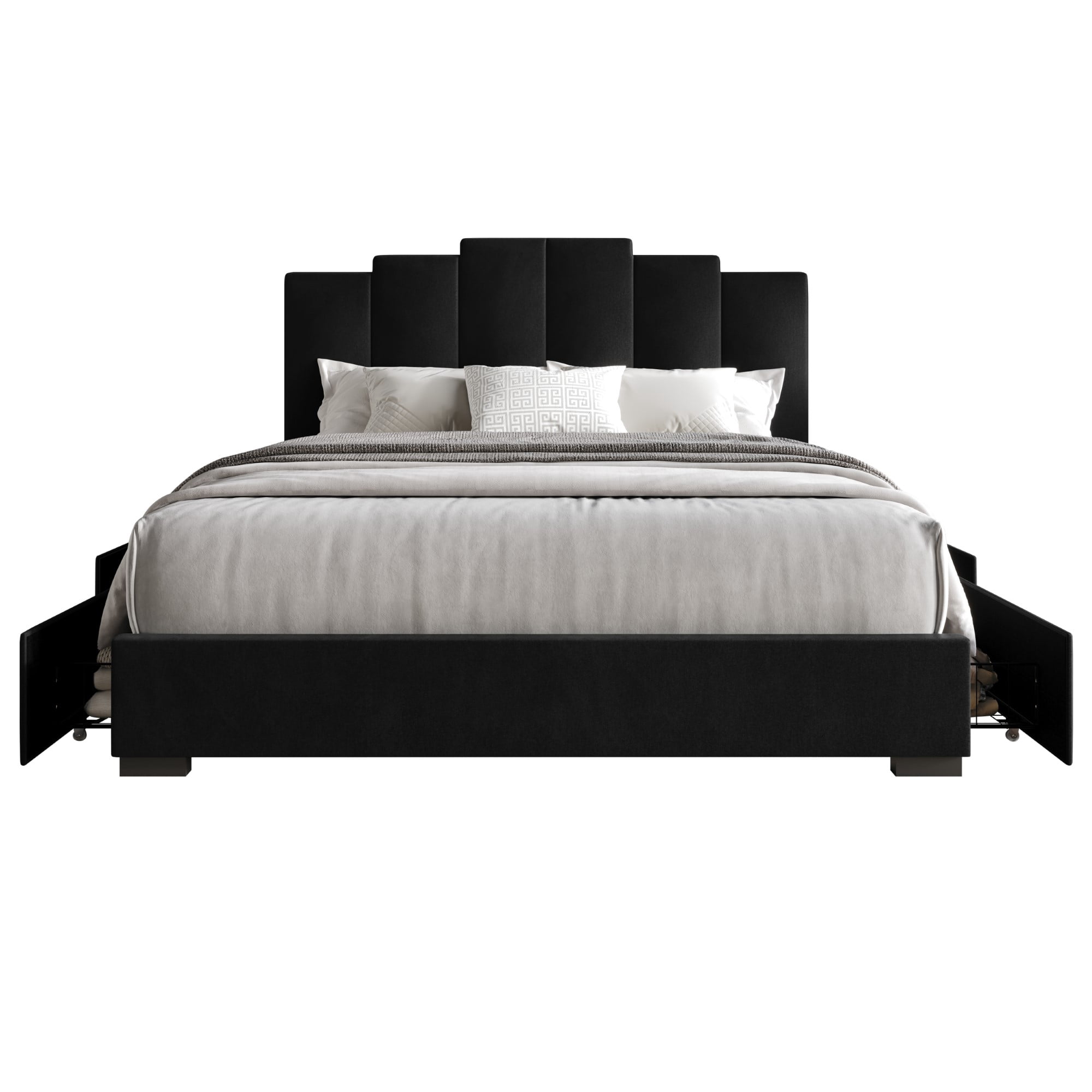 Home Design Yuma King Upholstered Storage Platform Bed Frame with Stepped Headboard Design and Four Under-Drawers, Black, Easy Assembly
