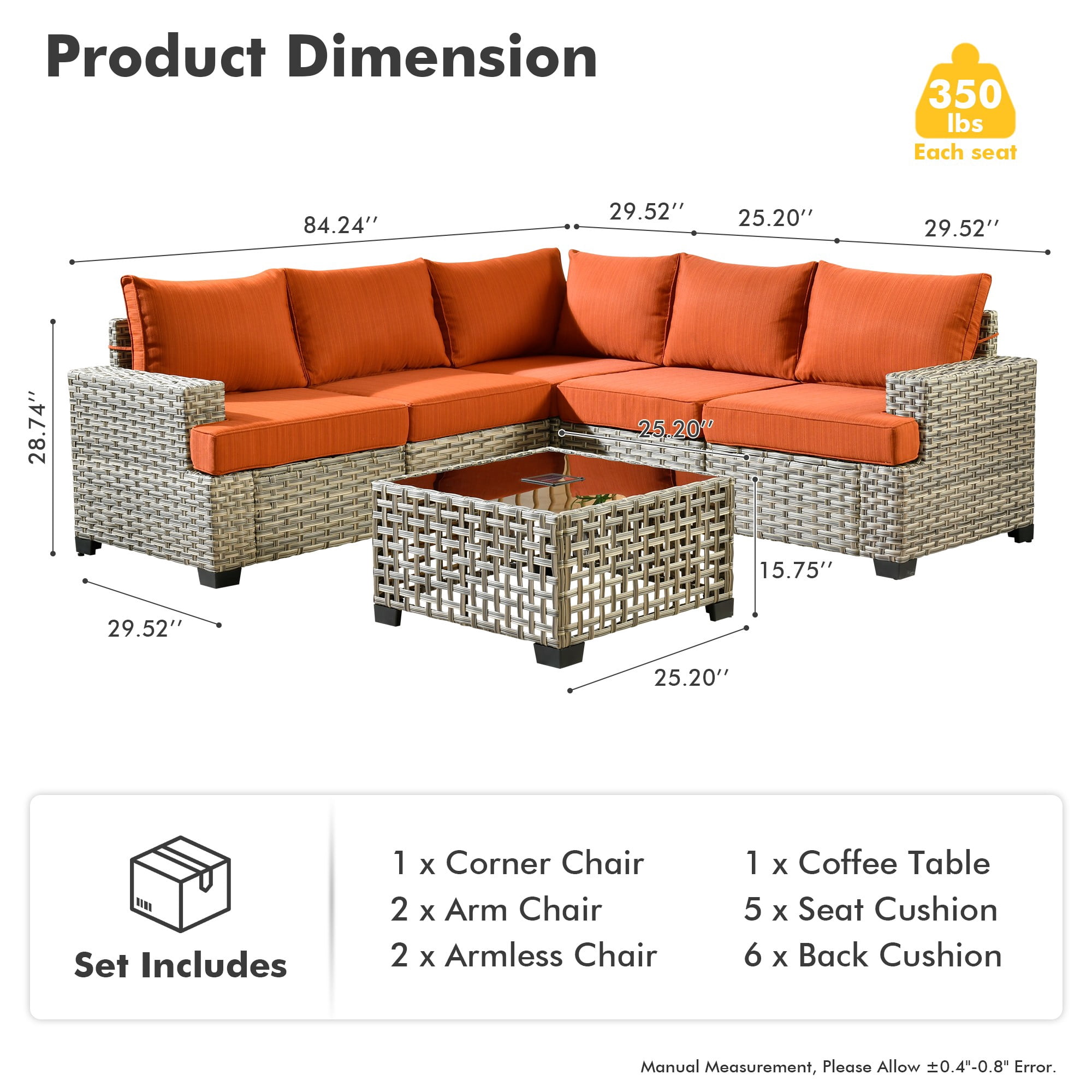XIZZI 6-Piece Outdoor Patio Sectional Furniture Sets, Wicker Patio furniture with Coffee Table and Cushions, Waterproof Outdoor Conversation Set for Balcony, Porch, Backyard,Orange Red