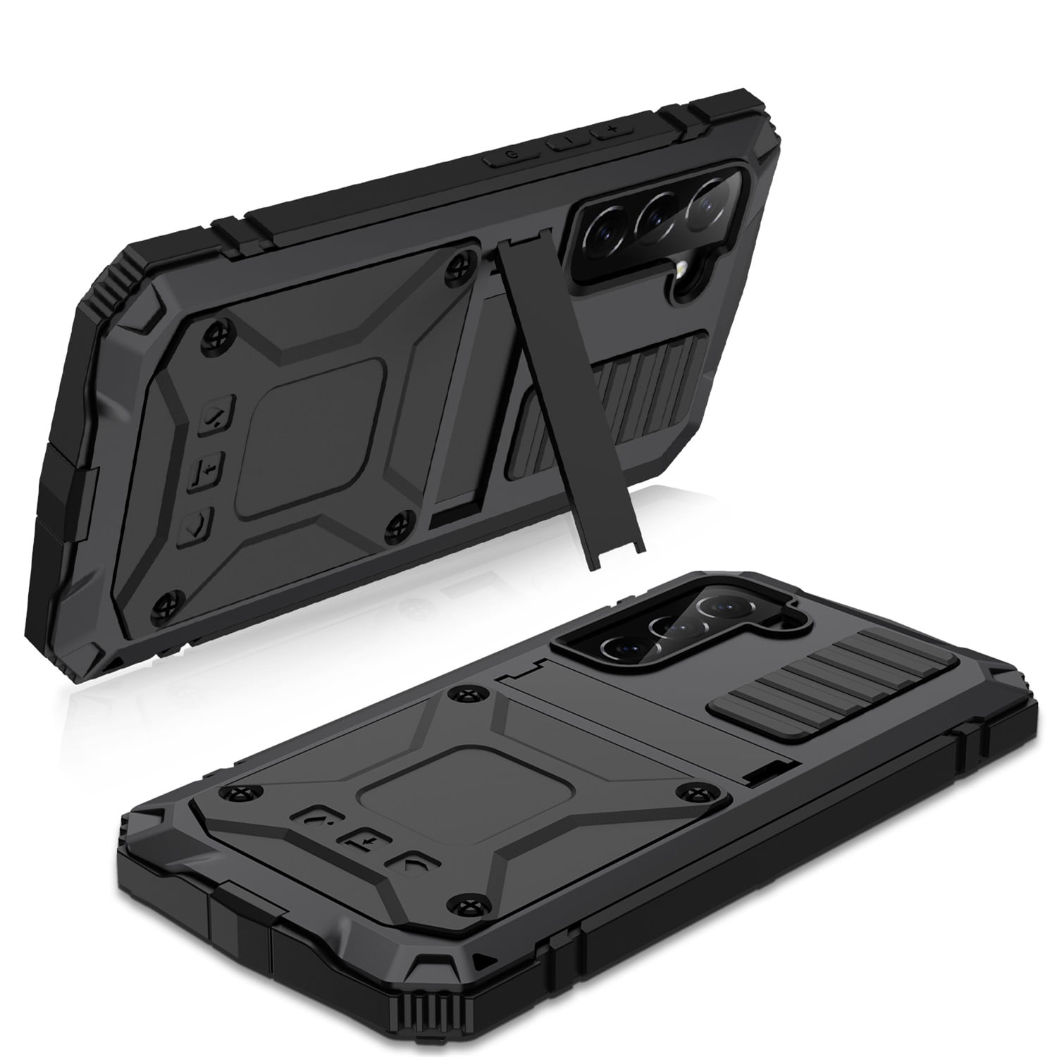 ELEHOLD for Samsung Galaxy S23 Plus 6.6" Case, Heavy Duty Armor Built-in Explosion-Proof Tempered Glass Screen Protector Wireless Charging Hang Rope Hidden Kickstand Shockproof Rugged Case,Black