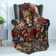 thumbnail image 3 of Ambesonne Leopard Fleece Throw Blanket Rich Rococo Style Roses 50"x60" Dark Coral Caramel and Blue, 3 of 5