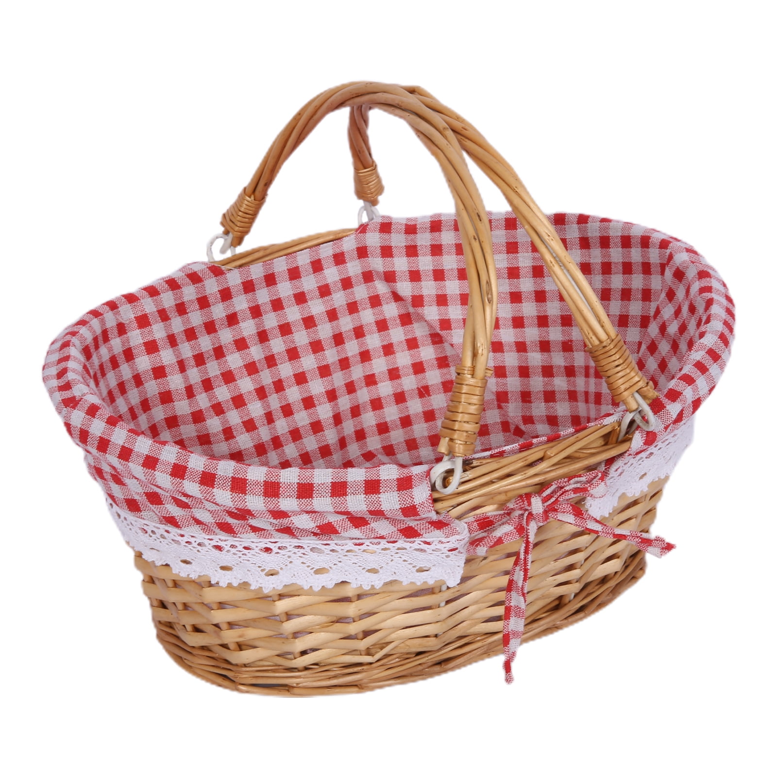 G GOOD GAIN Wicker Picnic Basket with Double Folding Handles,Willow Picnic Hamper,Natural Hand Woven Easter Basket,Easter Eggs and Candy Basket,Bath Toy and Kids Toy Storage,Gift Packing Basket.Red 