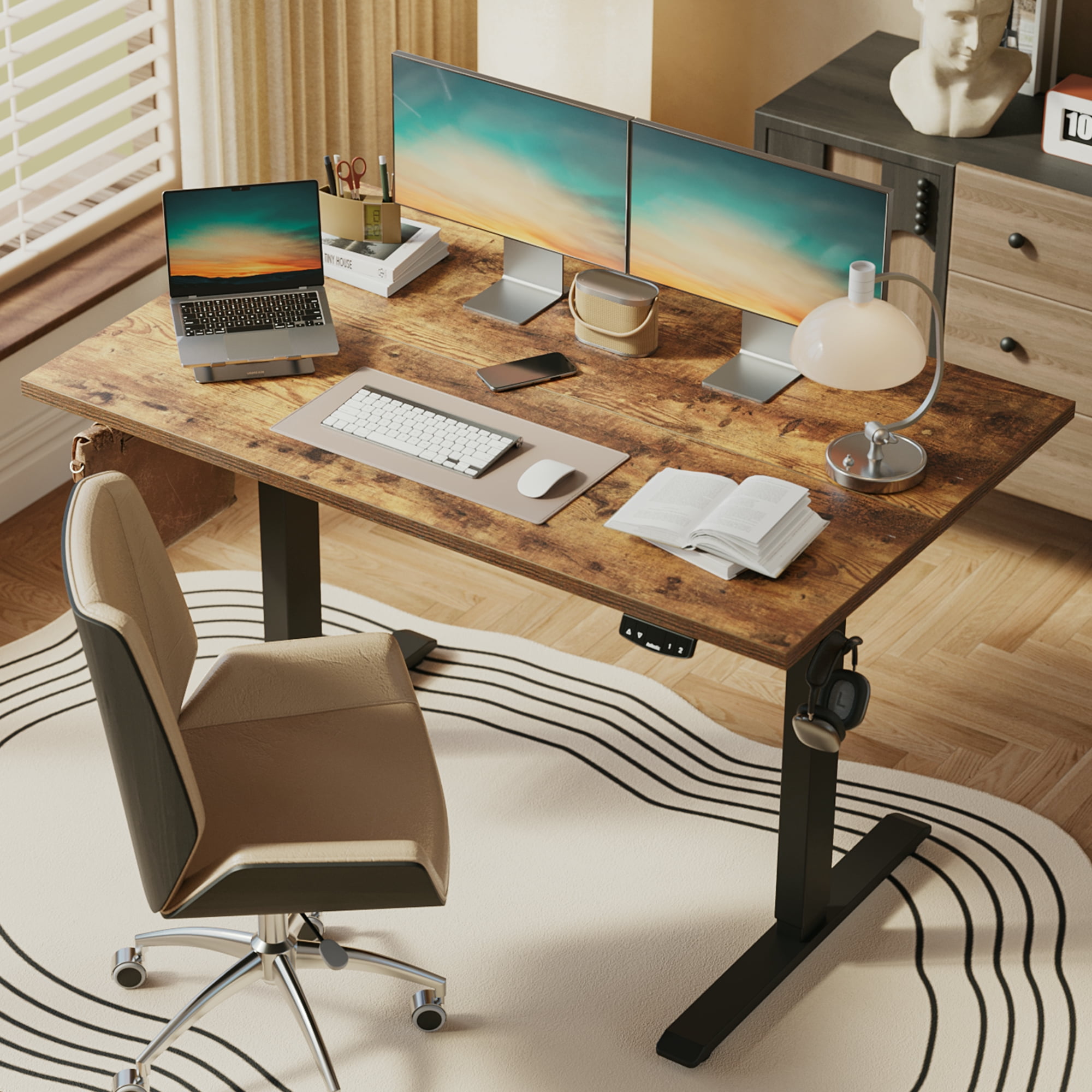 47.2 Inch Electric Height Adjustable Standing Desk, Ergonomic Home Office Desk with Memory Preset, Sit to Stand Computer Desk with Hooks, Rustic Brown