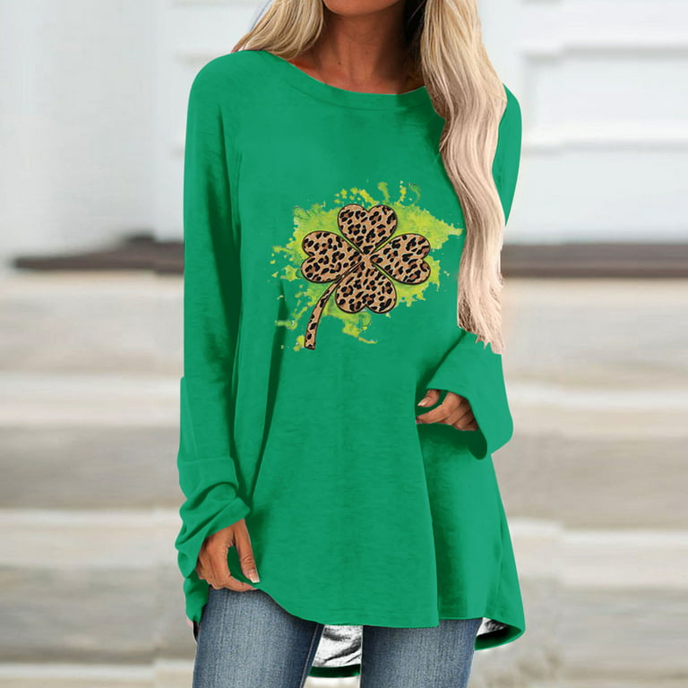 St. Patrick's Day Tunics Tops for Women to Wear with Leggings Plus Size  Fashion Letter Print Crew Neck Mid-length Blouse 
