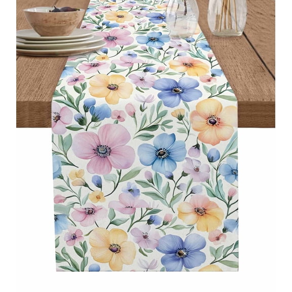Ldtrchee Watercolor Flowers Table Runner 72 Inches, Pink Blue Floral Botanical Leaf Bed Runner Dresser Scarves Tabletop for Indoor Outdoor Parties/Ceremony/Banquet, 16" x 72"