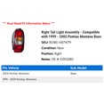 thumbnail image 2 of Right Tail Light Assembly - Compatible with 1999 - 2005 Pontiac Montana Base 2000 2001 2002 2003 2004, 2 of 2