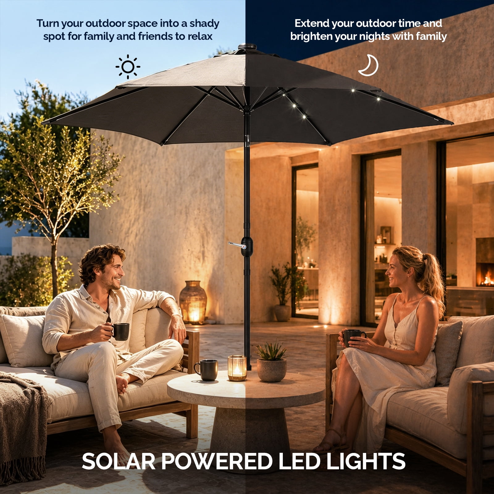 9ft Solar Patio Umbrella with LED Lights, UPF 50+ Waterproof Solution-Dyed Polyester Canopy, 6 Iron Ribs, Push Button Tilt & Crank Lift, Wind Resistant for Patio Garden Poolside