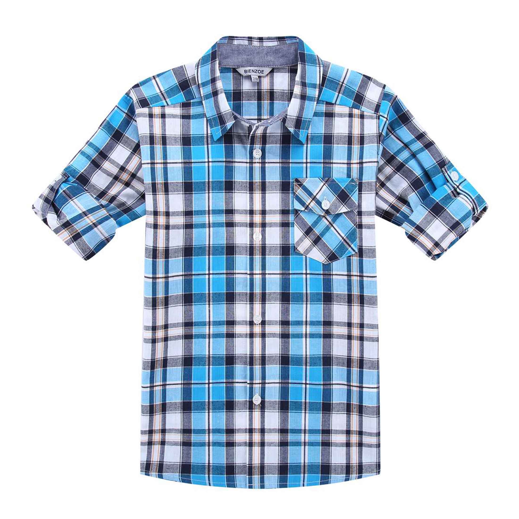 Bienzoe Boy's Cotton Plaid Roll Up Button Down Sports Shirts Navy/Blue ...