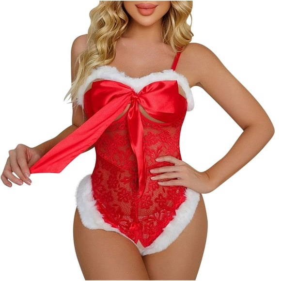 Women’s Christmas Lingerie Fluffy Bowknot Sexy Mesh Lace Bodysuit Full Slip Teddy Babydoll Xmas Outfits Red Satin Teddy Babydoll Santa Chemise Nightwear Special Holiday Ensemble