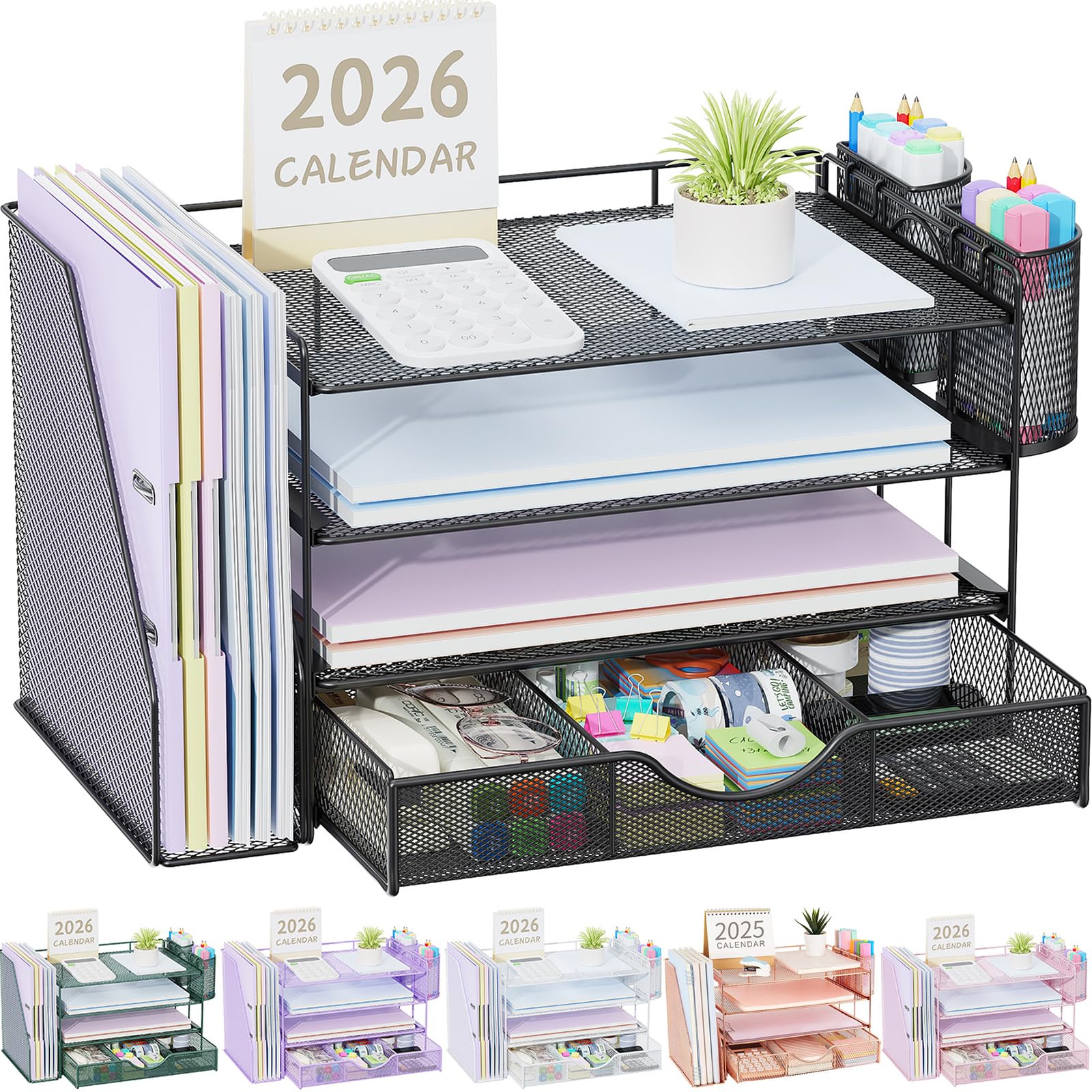 Desk Organizers And Accessories With File Holder 4-tier & Workspace Drawer 2 Pen Paper Organizer For Office Supplies (black)