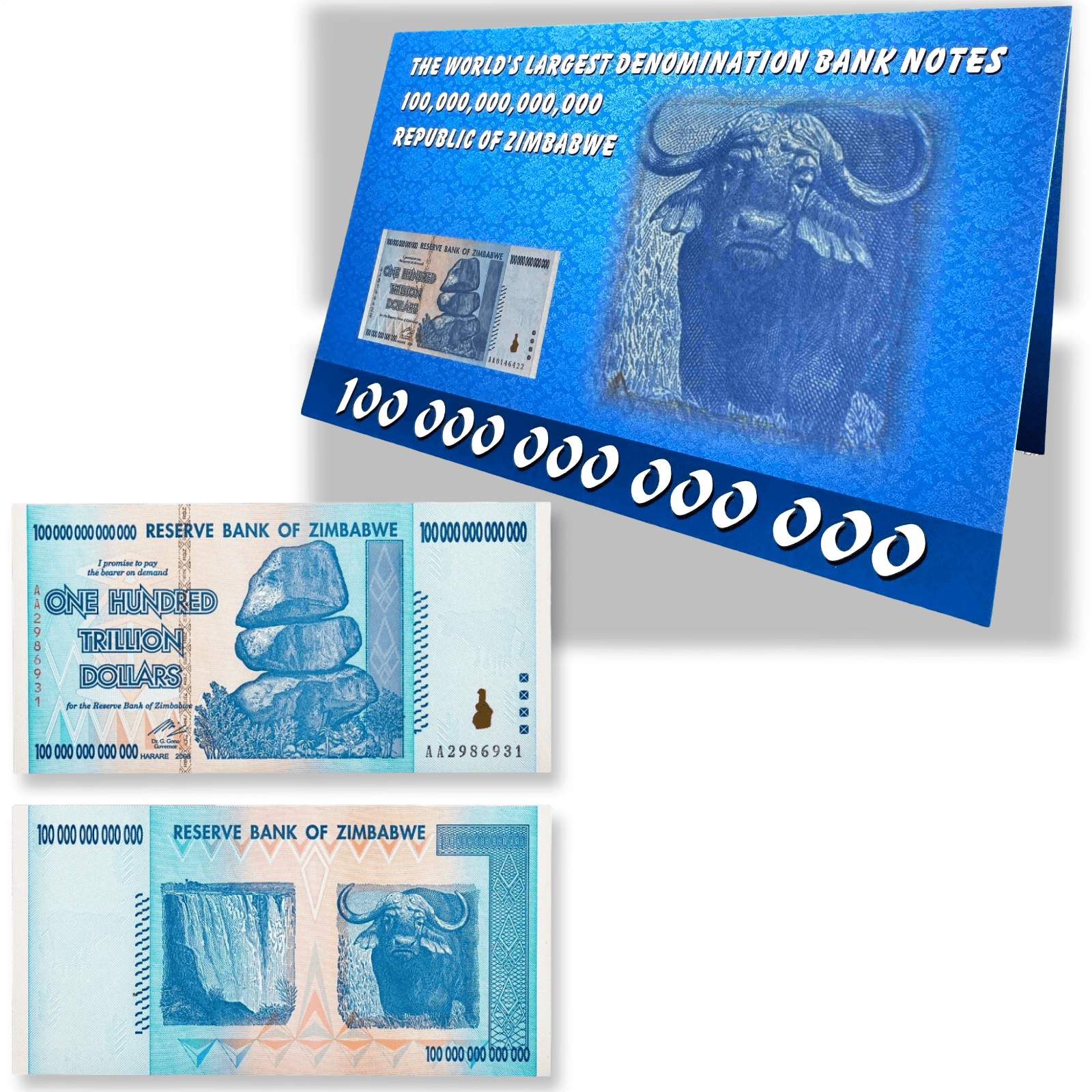 Zimbabwe 100 Trillion Dollar Bill, 2008 AA Series Uncirculated Collectible Banknote, Paper Money Currency Souvenir