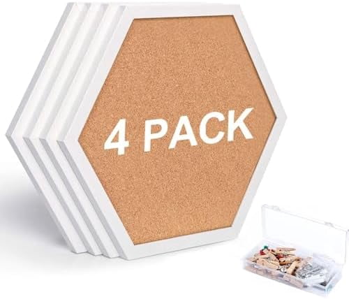 Cork Bulletin Board Hexagon White, Small Framed Corkboard Tiles for Wall, Thick Decorative Display Boards for Home Office Decor, School Message Board (4 Pack)