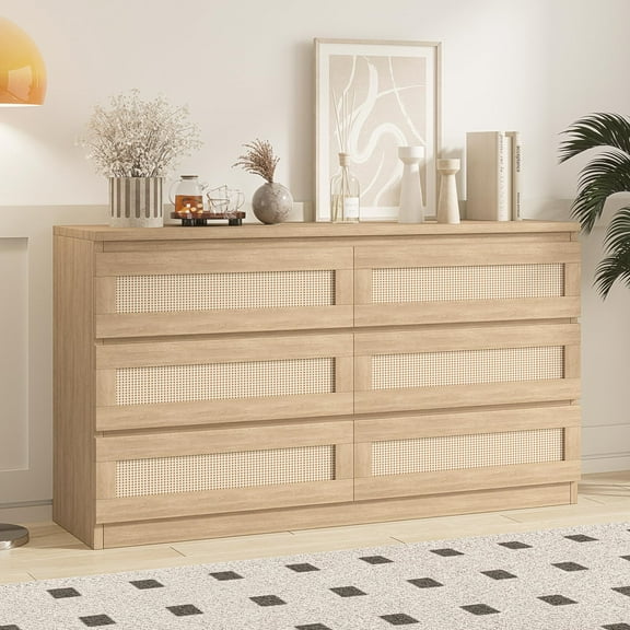 Studyset Rattan Dresser for Bedroom, 6 Drawer Dresser for Bedroom, Modern Wide Chest of Drawers with Anti-Tip Kit & Smooth Slide Rail, Wood Storage Dresser for Bedroom, Hallway, Living Room
