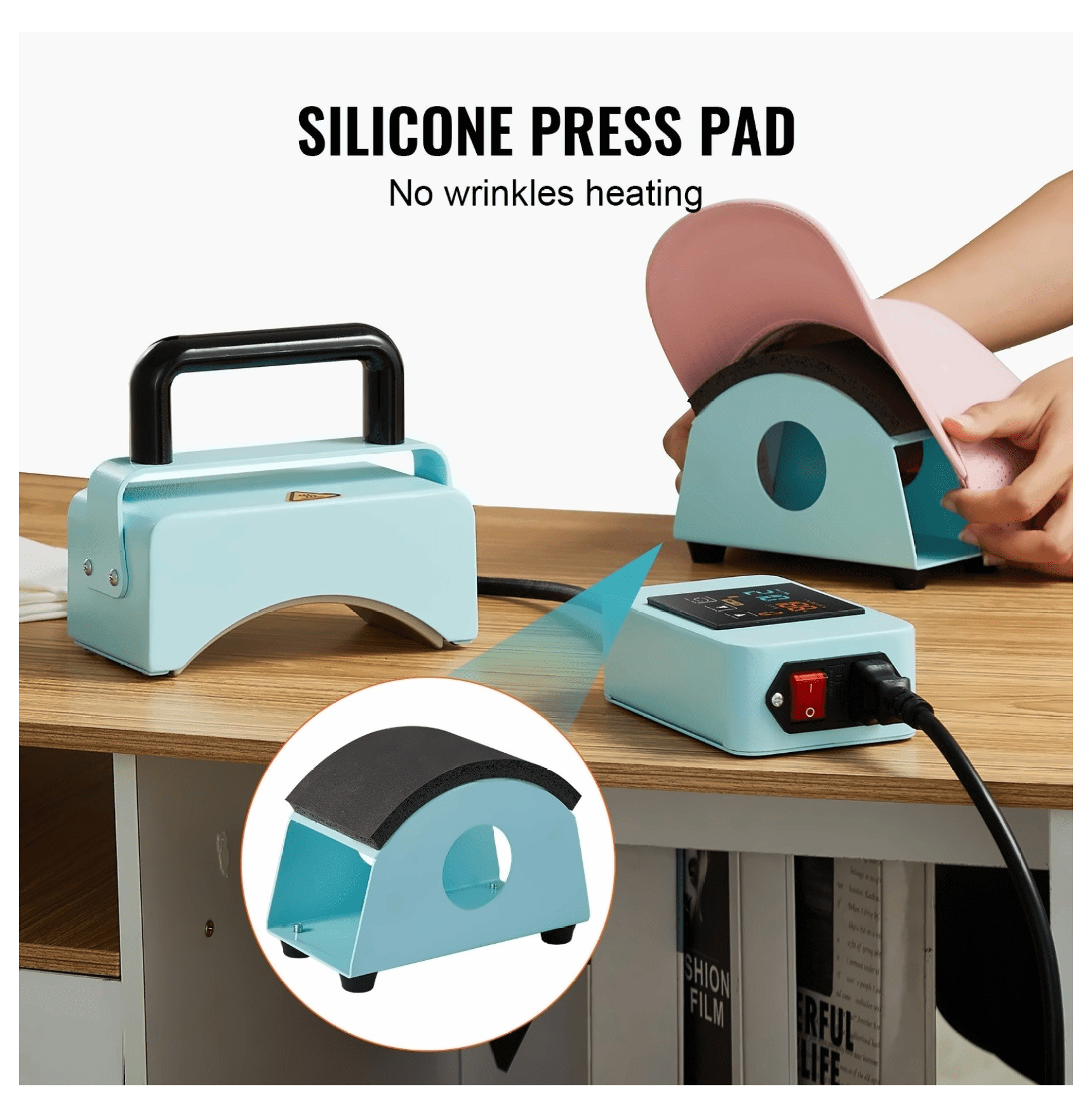 Hat Press Machine Mini for Caps 5.9x3.15 inch - Portable Heat Press for Hat Customization, Curved Ceramic Plate, Adjustable Temperature, Silicone Pad