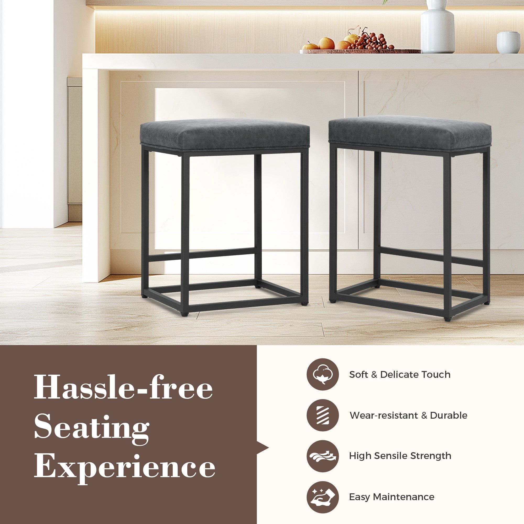 SUMMIT LIVING 24" Counter Height Bar Stool Set of 4, Upholstered Faux Leather Backless Counter Stool for Kitchen Island, Gray