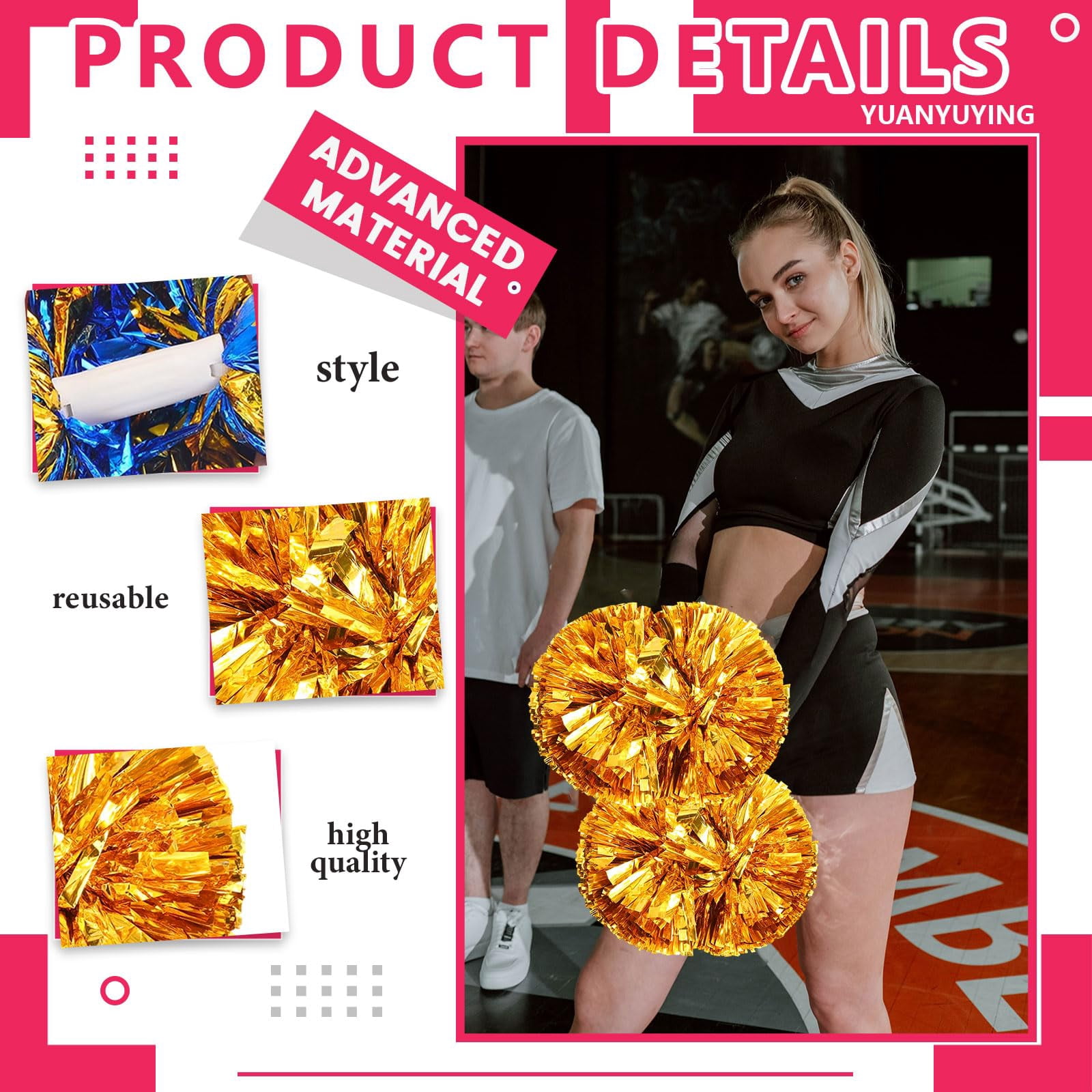 12 Pcs Cheerleading Pom Poms, Cheerleader Pompoms with Handle Style,Fit for Team Spirit Sports Dance Cheering