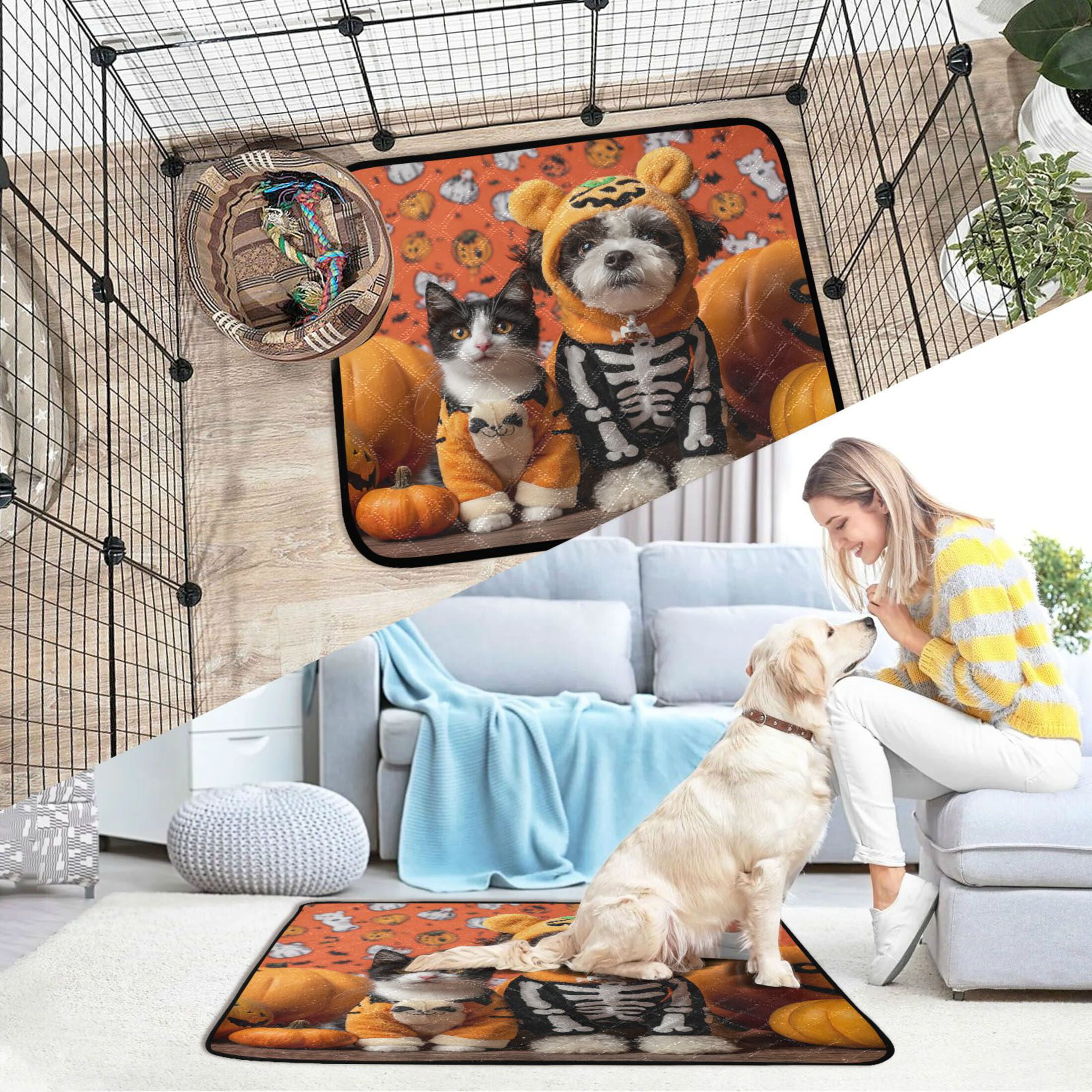 Qxltty Halloween Pets Cat litter Pads Pet Set of 2 Diaper Mats Center Anti-leakage Layer Absorbent Soft and Comfortable