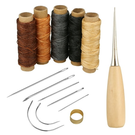 14Pcs Leather Craft Tool,7pcs Leather Hand Sewing Needle,5 Roll Leather Waxed Thread Cord,1pcs Stitching Awl,1pcs sewing thimble for Leather Upholstery Carpet Canvas DIY (Best Thread For Hand Sewing Leather)