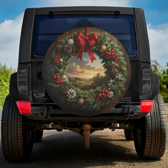 Lotusprinthandmade Christmas Wreath Spare Tire Cover Without Backup Camera Hole 6 Sizes (27 in.) – Tire Cover With Christmas Theme