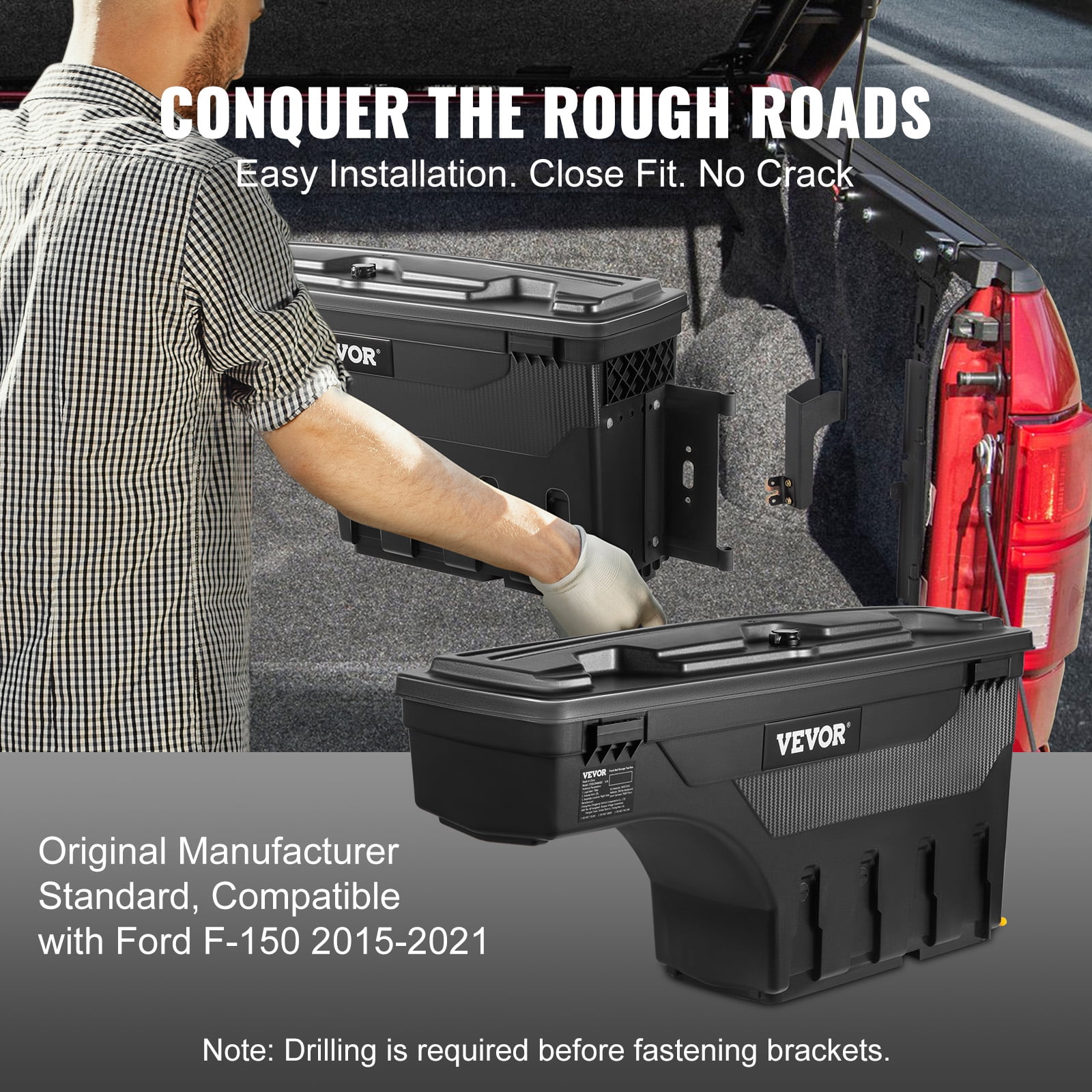 VEVOR Truck Bed Storage Box, Lockable  with Password Padlock, 6.6 Gal/25 L ABS Wheel Well Tool Box, Waterproof and Durable, Compatible with Ford F-150 2015-2021, Passenger Side