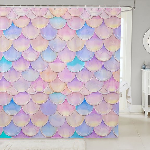 Manfei Cute Mermaid Tail Shower Curtain 72Wx72L, Dreamy Fish Scale Bathroom Curtain, Pink Blue