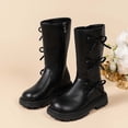 thumbnail image 2 of Girls Faux Leather Boots Side Zipper Mid Calf Winter Boots Cute Bow Decor Side Zipper Winter Tall Riding Boots Fashion Comfortable Round Toe Low Heel Combat Boots Black 37, 2 of 5